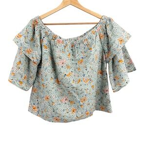 LAIA Anthropologie Off Shoulder Embroidered Floral Eyelet Top Blouse Large New